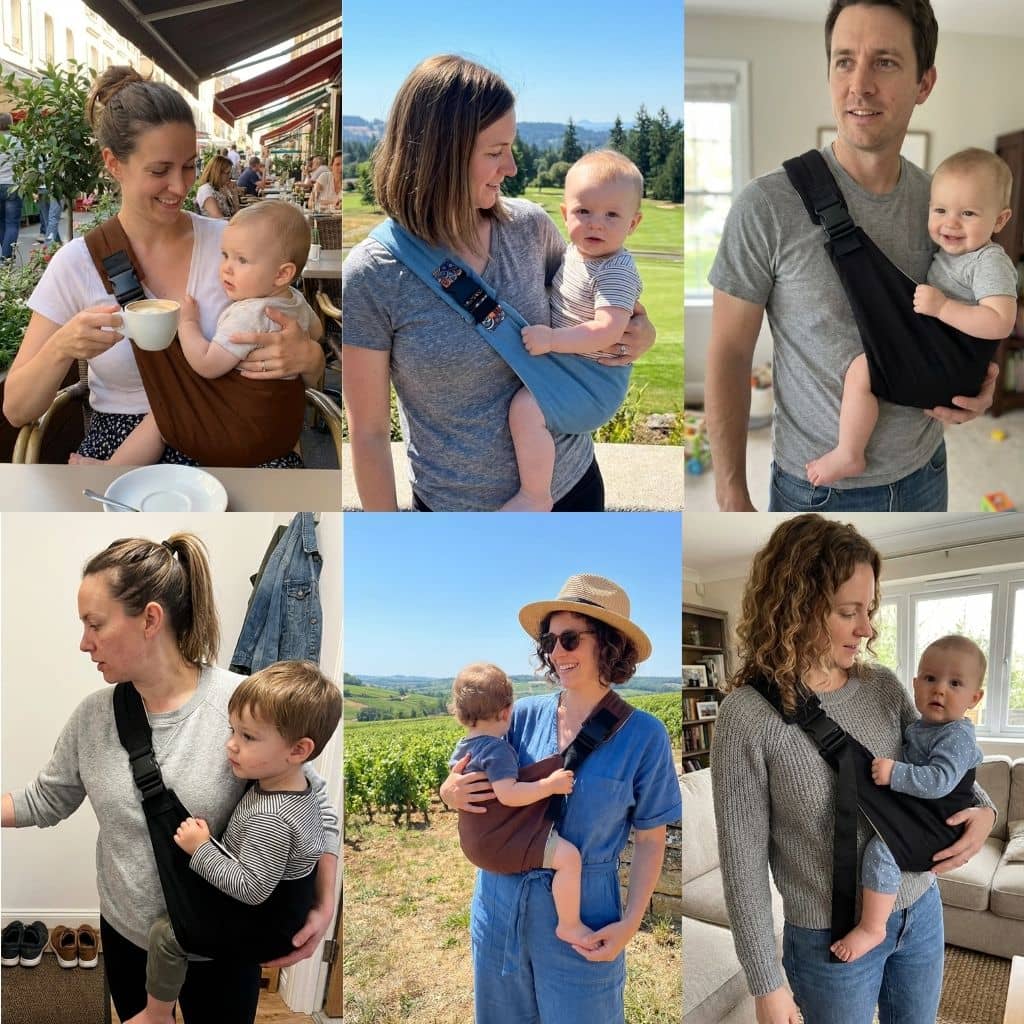 Parent using a supportive baby carrier