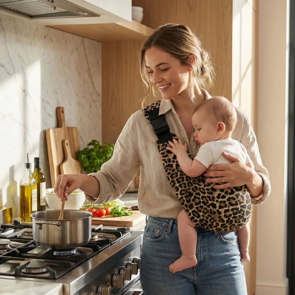 Parent using a supportive baby carrier while staying hands-free